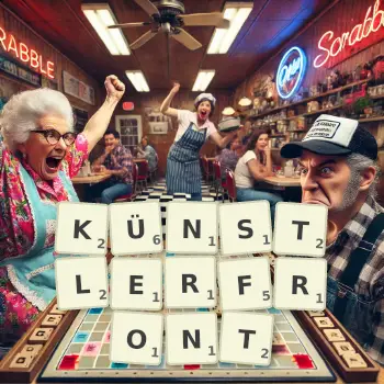 Kreative Illustration für ein Scrabble-Spiel, bei dem das Wort KÜNSTLERFRONT mit Steinen auf dem Brett gelegt wurde.