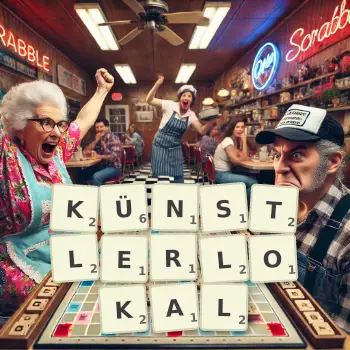 Kreative Illustration für ein Scrabble-Spiel, bei dem das Wort KÜNSTLERLOKAL mit Steinen auf dem Brett gelegt wurde.