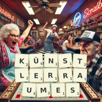 Kreative Illustration für ein Scrabble-Spiel, bei dem das Wort KÜNSTLERRAUMES mit Steinen auf dem Brett gelegt wurde.