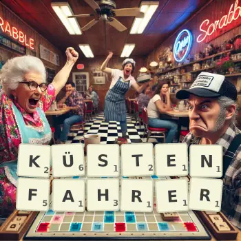 Kreative Illustration für ein Scrabble-Spiel, bei dem das Wort KÜSTENFAHRER mit Steinen auf dem Brett gelegt wurde.