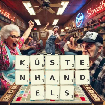 Kreative Illustration für ein Scrabble-Spiel, bei dem das Wort KÜSTENHANDELS mit Steinen auf dem Brett gelegt wurde.