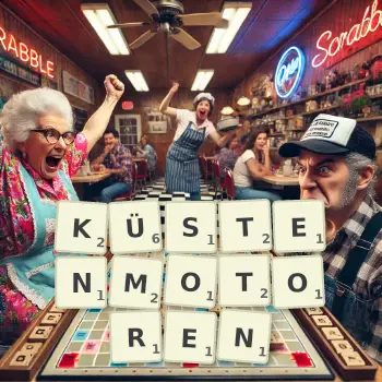Kreative Illustration für ein Scrabble-Spiel, bei dem das Wort KÜSTENMOTOREN mit Steinen auf dem Brett gelegt wurde.