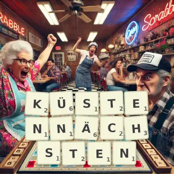 Kreative Illustration für ein Scrabble-Spiel, bei dem das Wort KÜSTENNÄCHSTEN mit Steinen auf dem Brett gelegt wurde.