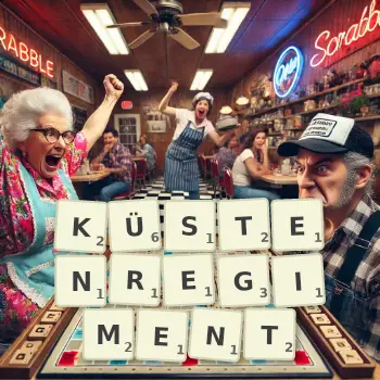 Kreative Illustration für ein Scrabble-Spiel, bei dem das Wort KÜSTENREGIMENT mit Steinen auf dem Brett gelegt wurde.
