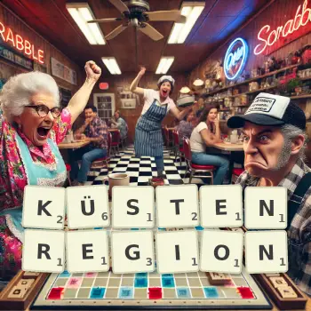 Kreative Illustration für ein Scrabble-Spiel, bei dem das Wort KÜSTENREGION mit Steinen auf dem Brett gelegt wurde.