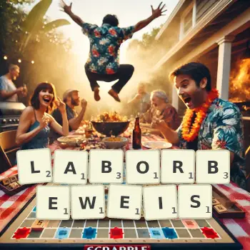 Kreative Illustration für ein Scrabble-Spiel, bei dem das Wort LABORBEWEIS mit Steinen auf dem Brett gelegt wurde.
