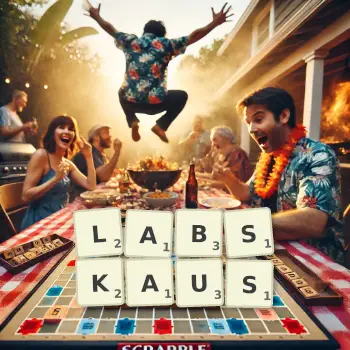 Kreative Illustration für ein Scrabble-Spiel, bei dem das Wort LABSKAUS mit Steinen auf dem Brett gelegt wurde.
