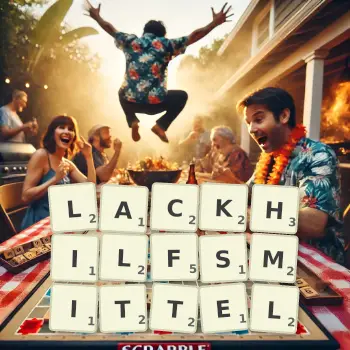 Kreative Illustration für ein Scrabble-Spiel, bei dem das Wort LACKHILFSMITTEL mit Steinen auf dem Brett gelegt wurde.