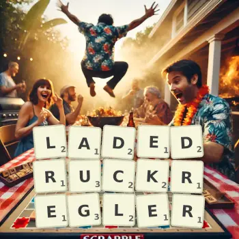 Kreative Illustration für ein Scrabble-Spiel, bei dem das Wort LADEDRUCKREGLER mit Steinen auf dem Brett gelegt wurde.