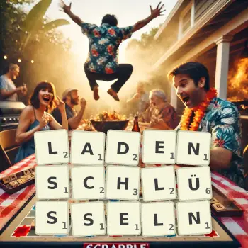 Kreative Illustration für ein Scrabble-Spiel, bei dem das Wort LADENSCHLÜSSELN mit Steinen auf dem Brett gelegt wurde.