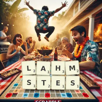 Kreative Illustration für ein Scrabble-Spiel, bei dem das Wort LAHMSTES mit Steinen auf dem Brett gelegt wurde.