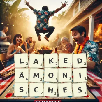 Kreative Illustration für ein Scrabble-Spiel, bei dem das Wort LAKEDÄMONISCHES mit Steinen auf dem Brett gelegt wurde.