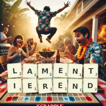 Kreative Illustration für ein Scrabble-Spiel, bei dem das Wort LAMENTIEREND mit Steinen auf dem Brett gelegt wurde.