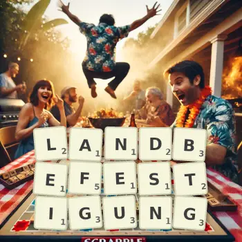 Kreative Illustration für ein Scrabble-Spiel, bei dem das Wort LANDBEFESTIGUNG mit Steinen auf dem Brett gelegt wurde.