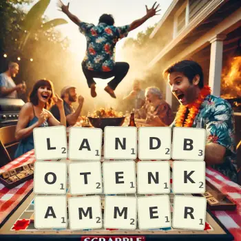 Kreative Illustration für ein Scrabble-Spiel, bei dem das Wort LANDBOTENKAMMER mit Steinen auf dem Brett gelegt wurde.
