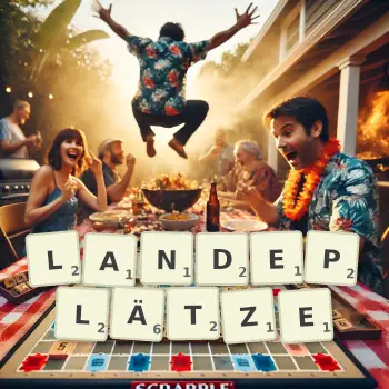 Kreative Illustration für ein Scrabble-Spiel, bei dem das Wort LANDEPLÄTZE mit Steinen auf dem Brett gelegt wurde.