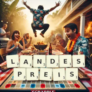 Kreative Illustration für ein Scrabble-Spiel, bei dem das Wort LANDESPREIS mit Steinen auf dem Brett gelegt wurde.
