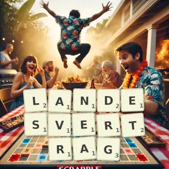 Kreative Illustration für ein Scrabble-Spiel, bei dem das Wort LANDESVERTRAG mit Steinen auf dem Brett gelegt wurde.