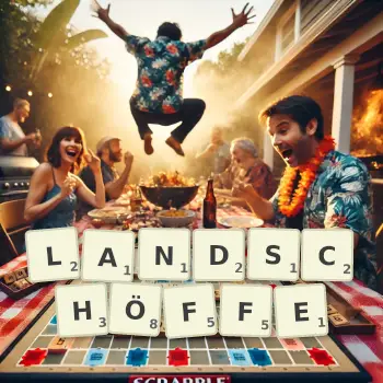 Kreative Illustration für ein Scrabble-Spiel, bei dem das Wort LANDSCHÖFFE mit Steinen auf dem Brett gelegt wurde.
