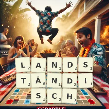 Kreative Illustration für ein Scrabble-Spiel, bei dem das Wort LANDSTÄNDISCH mit Steinen auf dem Brett gelegt wurde.