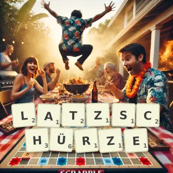 Kreative Illustration für ein Scrabble-Spiel, bei dem das Wort LATZSCHÜRZE mit Steinen auf dem Brett gelegt wurde.