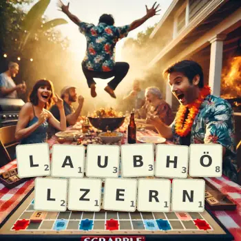 Kreative Illustration für ein Scrabble-Spiel, bei dem das Wort LAUBHÖLZERN mit Steinen auf dem Brett gelegt wurde.