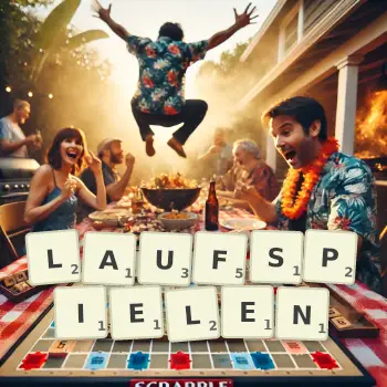 Kreative Illustration für ein Scrabble-Spiel, bei dem das Wort LAUFSPIELEN mit Steinen auf dem Brett gelegt wurde.