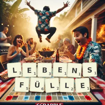 Kreative Illustration für ein Scrabble-Spiel, bei dem das Wort LEBENSFÜLLE mit Steinen auf dem Brett gelegt wurde.