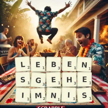 Kreative Illustration für ein Scrabble-Spiel, bei dem das Wort LEBENSGEHEIMNIS mit Steinen auf dem Brett gelegt wurde.
