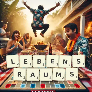 Kreative Illustration für ein Scrabble-Spiel, bei dem das Wort LEBENSRAUMS mit Steinen auf dem Brett gelegt wurde.