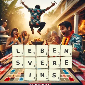 Kreative Illustration für ein Scrabble-Spiel, bei dem das Wort LEBENSVEREINS mit Steinen auf dem Brett gelegt wurde.