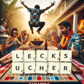 Kreative Illustration für ein Scrabble-Spiel, bei dem das Wort LECKSUCHER mit Steinen auf dem Brett gelegt wurde.