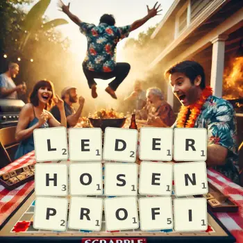 Kreative Illustration für ein Scrabble-Spiel, bei dem das Wort LEDERHOSENPROFI mit Steinen auf dem Brett gelegt wurde.