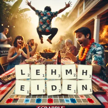 Kreative Illustration für ein Scrabble-Spiel, bei dem das Wort LEHMHEIDEN mit Steinen auf dem Brett gelegt wurde.