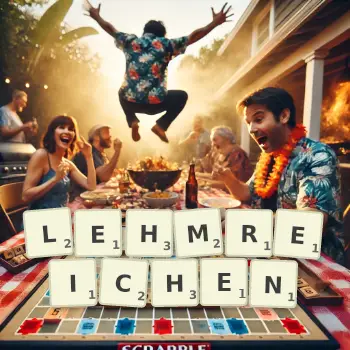 Kreative Illustration für ein Scrabble-Spiel, bei dem das Wort LEHMREICHEN mit Steinen auf dem Brett gelegt wurde.