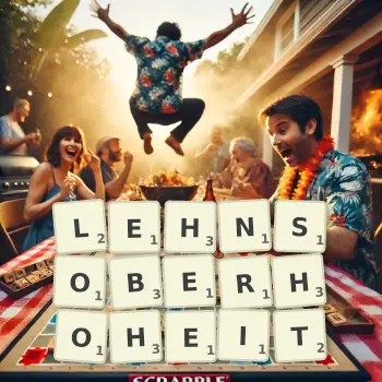 Kreative Illustration für ein Scrabble-Spiel, bei dem das Wort LEHNSOBERHOHEIT mit Steinen auf dem Brett gelegt wurde.