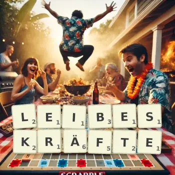 Kreative Illustration für ein Scrabble-Spiel, bei dem das Wort LEIBESKRÄFTE mit Steinen auf dem Brett gelegt wurde.