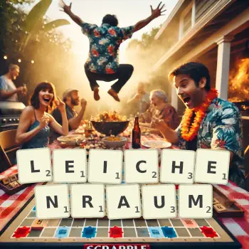 Kreative Illustration für ein Scrabble-Spiel, bei dem das Wort LEICHENRAUM mit Steinen auf dem Brett gelegt wurde.