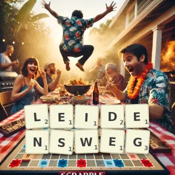 Kreative Illustration für ein Scrabble-Spiel, bei dem das Wort LEIDENSWEG mit Steinen auf dem Brett gelegt wurde.