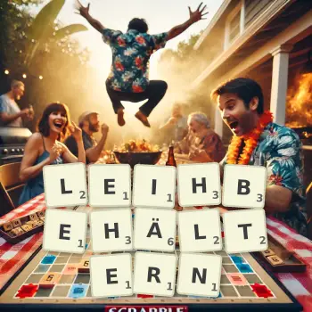 Kreative Illustration für ein Scrabble-Spiel, bei dem das Wort LEIHBEHÄLTERN mit Steinen auf dem Brett gelegt wurde.