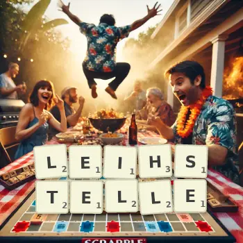 Kreative Illustration für ein Scrabble-Spiel, bei dem das Wort LEIHSTELLE mit Steinen auf dem Brett gelegt wurde.