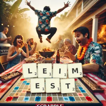 Kreative Illustration für ein Scrabble-Spiel, bei dem das Wort LEIMEST mit Steinen auf dem Brett gelegt wurde.