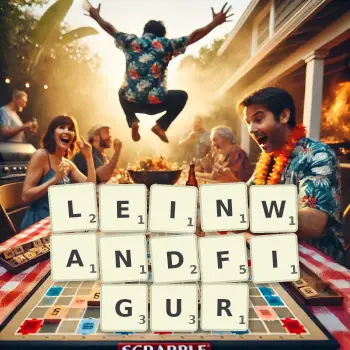 Kreative Illustration für ein Scrabble-Spiel, bei dem das Wort LEINWANDFIGUR mit Steinen auf dem Brett gelegt wurde.