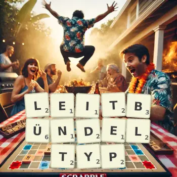 Kreative Illustration für ein Scrabble-Spiel, bei dem das Wort LEITBÜNDELTYP mit Steinen auf dem Brett gelegt wurde.