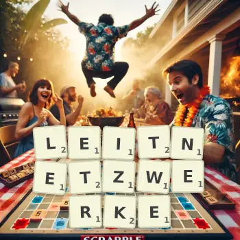 Kreative Illustration für ein Scrabble-Spiel, bei dem das Wort LEITNETZWERKE mit Steinen auf dem Brett gelegt wurde.
