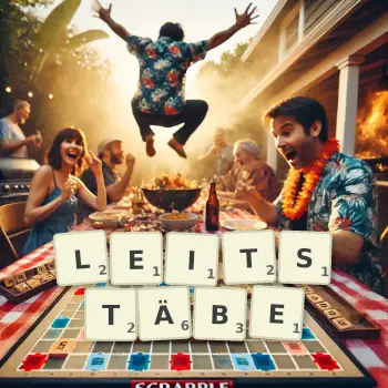 Kreative Illustration für ein Scrabble-Spiel, bei dem das Wort LEITSTÄBE mit Steinen auf dem Brett gelegt wurde.