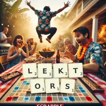 Kreative Illustration für ein Scrabble-Spiel, bei dem das Wort LEKTORS mit Steinen auf dem Brett gelegt wurde.