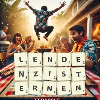 Kreative Illustration für ein Scrabble-Spiel, bei dem das Wort LENDENZISTERNEN mit Steinen auf dem Brett gelegt wurde.