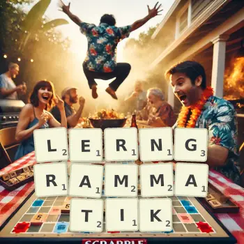 Kreative Illustration für ein Scrabble-Spiel, bei dem das Wort LERNGRAMMATIK mit Steinen auf dem Brett gelegt wurde.