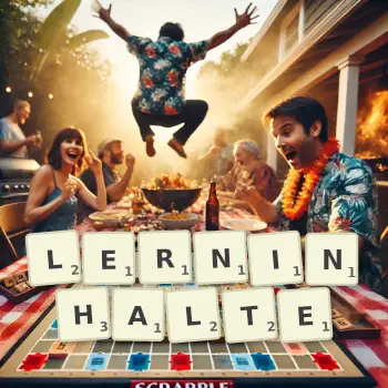 Kreative Illustration für ein Scrabble-Spiel, bei dem das Wort LERNINHALTE mit Steinen auf dem Brett gelegt wurde.
